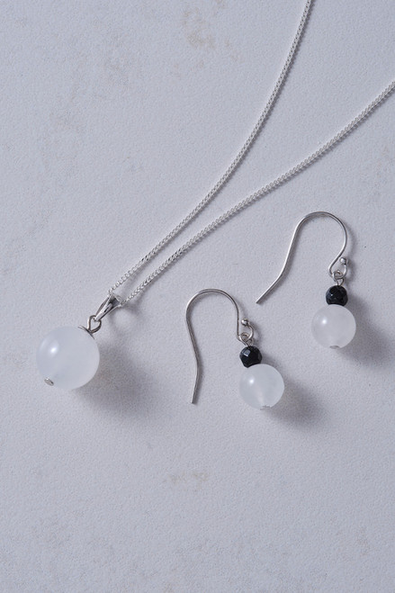 White Quartz Jade & Sterling Silver Pendant & Earrings