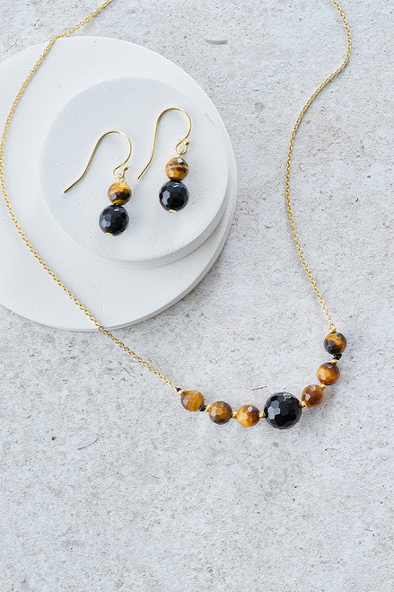 Tigers Eye & Onxy Necklace & Drop Earrings 