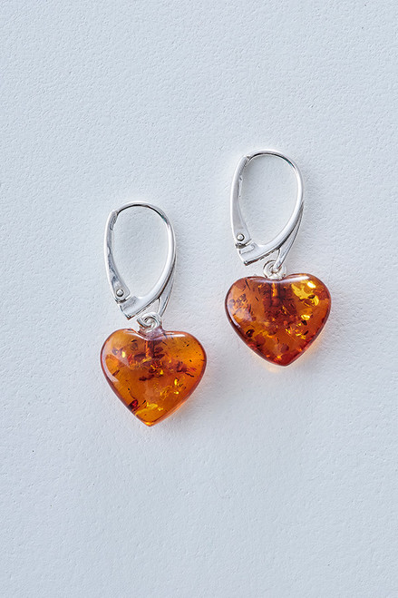 Amber Heart & Sterling Silver Earrings