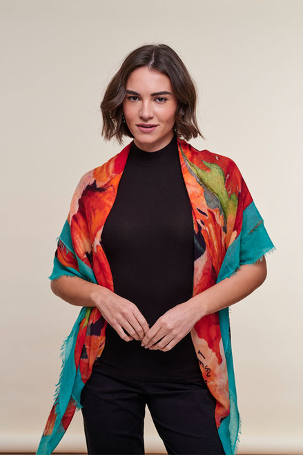 model wearing Giant Poppy Field Merino Wrap