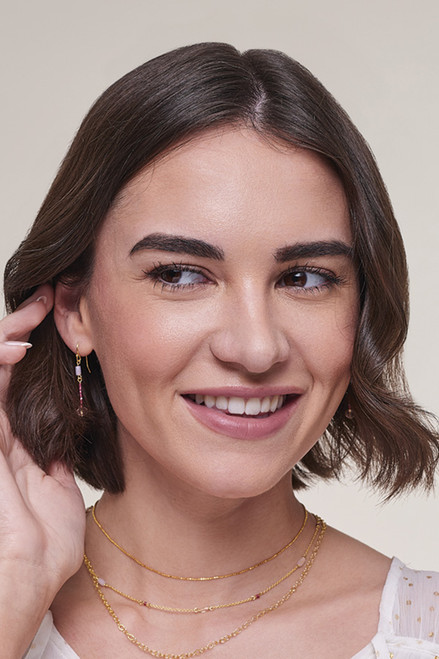 model wearing Ruby Quartz & Crystal Earrings
