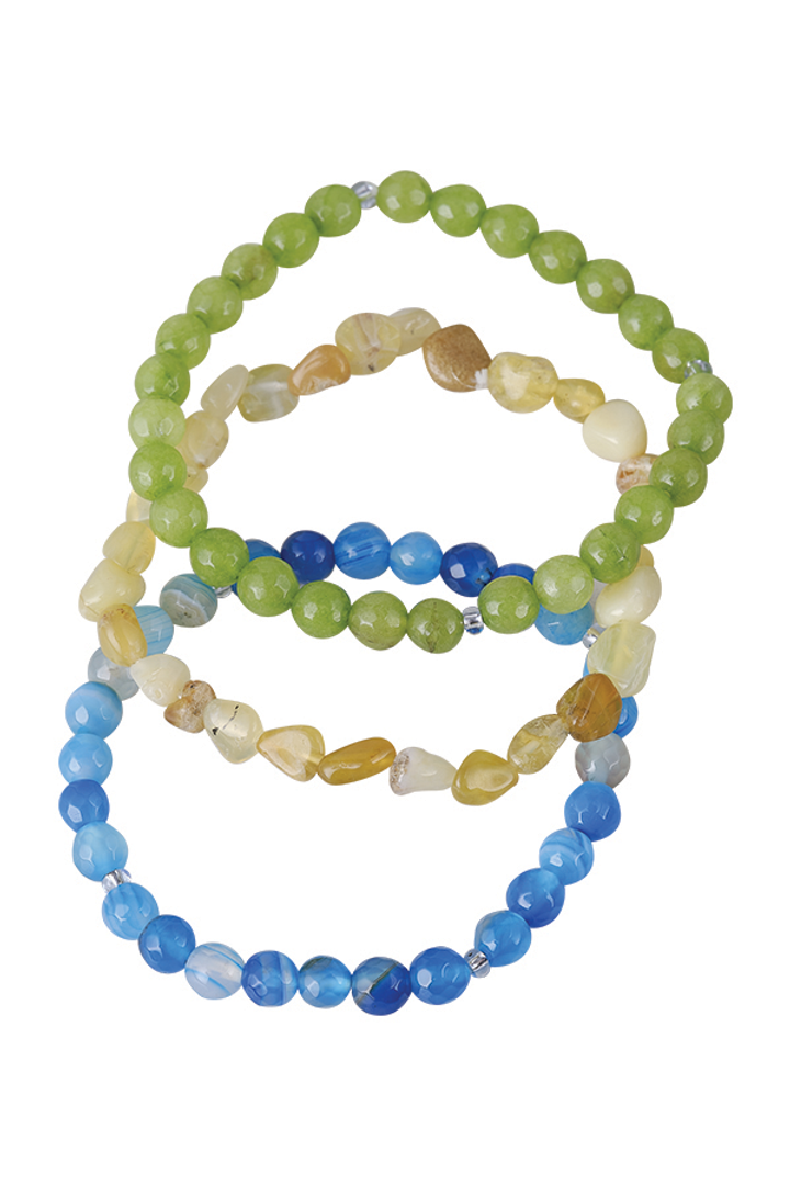 Agate Stone Bracelet Stack in blue agate, lime green agate and yellow aventurine. Agate Stone Bracelet Stack in blue agate, lime green agate and yellow aventurine.