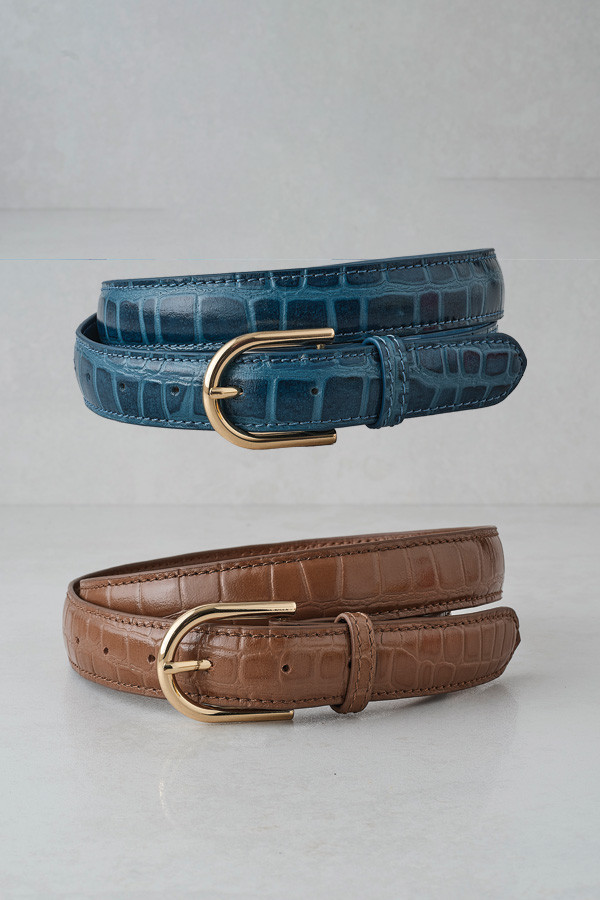 Croc leather belt in teal and tan 
