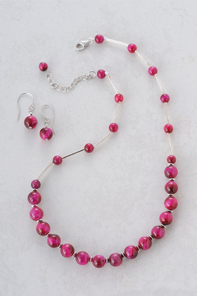 Pink Tigers Eye Necklace and Earring Set