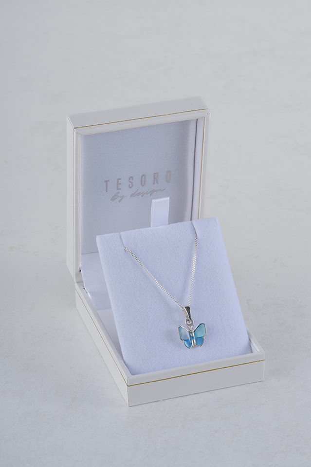 Mother of Pearl Butterfly Pendant in Blue Boxed