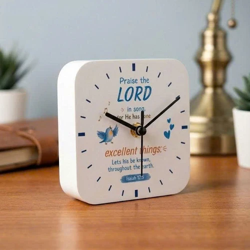 Đồng Hồ Gỗ Để Bàn 12x12cm - Isaiah 12:5 - Ê-sai 12:5 - DH-2861