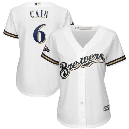 Lorenzo Cain Milwaukee Brewers Majestic Womens 2019 Postseason Official Cool Base Player Jersey White