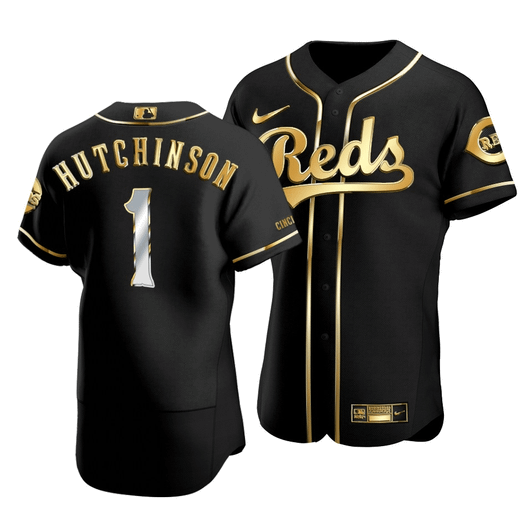 Men'S Cincinnati Reds Fred Hutchinson #1 Golden Edition Black  Jersey