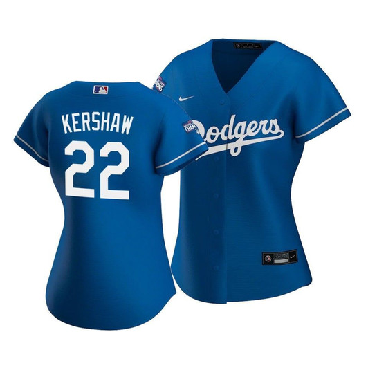 Dodgers Clayton Kershaw #22 2020 World Series Champions Royal Alternate Women'S Replica Jersey