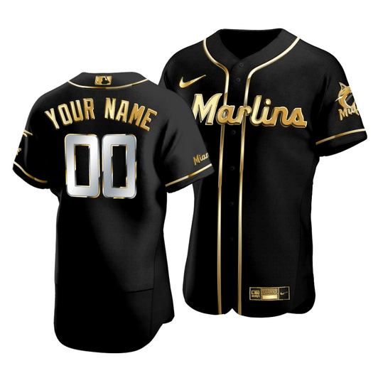 Men'S Miami Marlins Custom #00 Golden Edition Black  Jersey