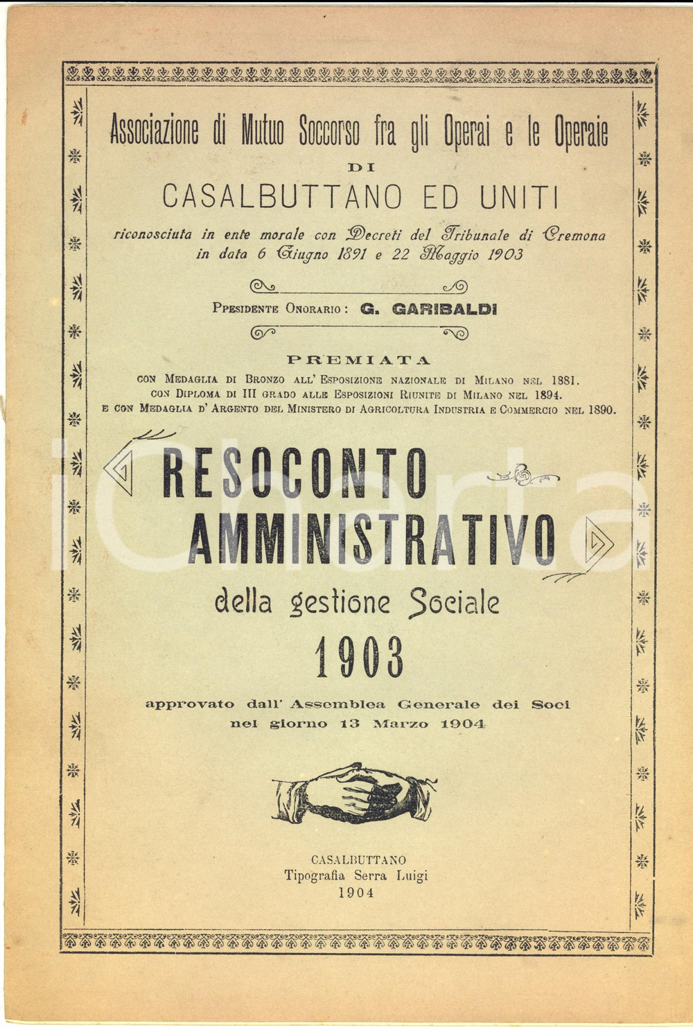 1904 CASALBUTTANO ED UNITI Associazione Mutuo Soccorso Operai - Resoconto 1903