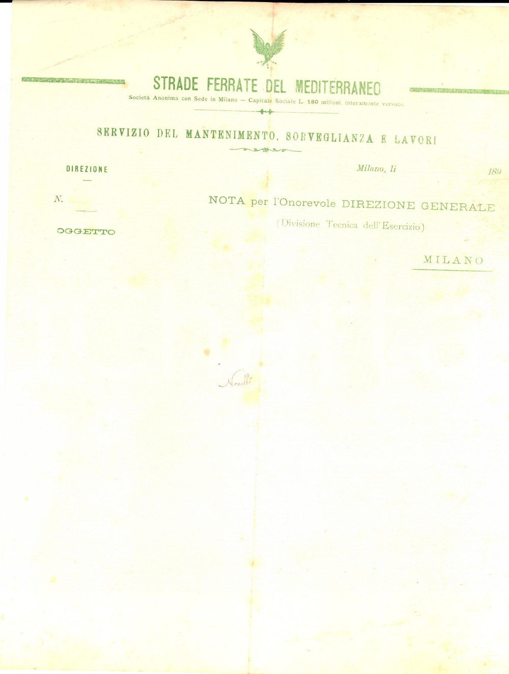 1890 ca MILANO Strade Ferrate del Mediterraneo- Lavori *Carta intestata