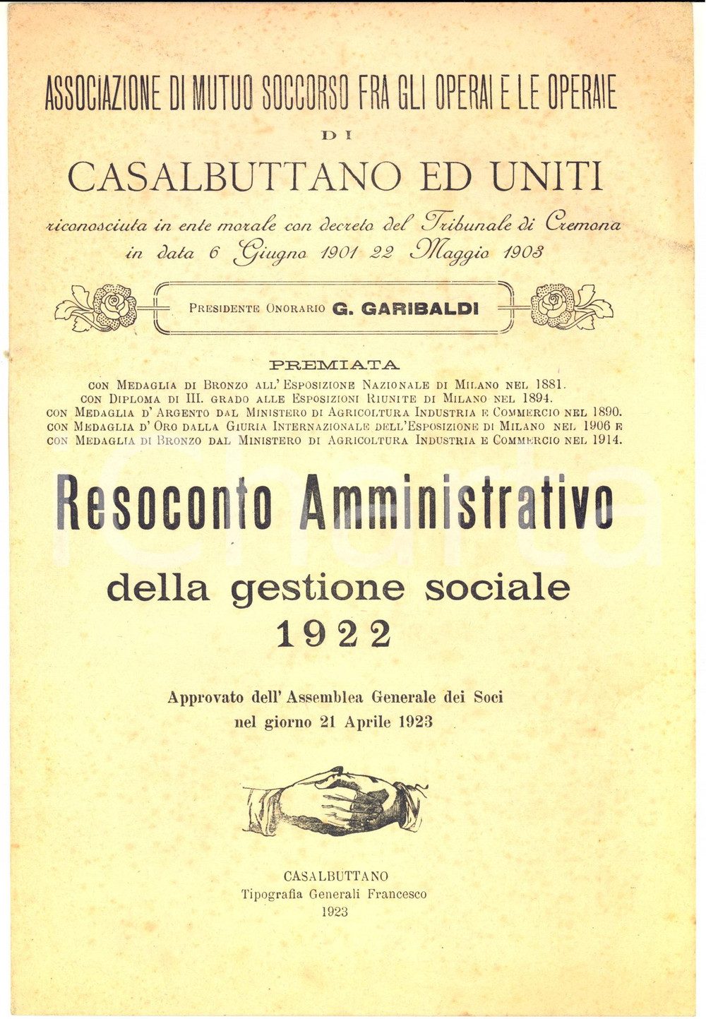 1923 CASALBUTTANO ED UNITI Associazione Mutuo Soccorso Operai - Resoconto 1922