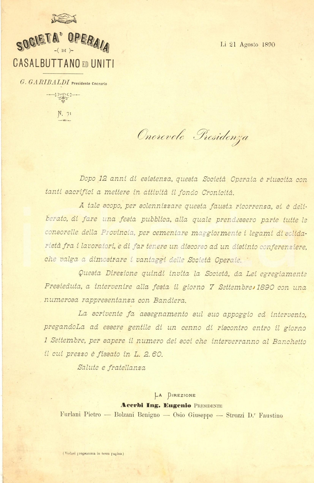 1890 CASALBUTTANO ED UNITI Società Operaia - Festa Fondo Cronicità ^Programma  Documento a stampa contenente la lettera e il programma della festa per il nuovo fondo cronicit&agrave;.CONDIZIONI: GPAGINE: 4 (2 bianche)     originale e autentica 1