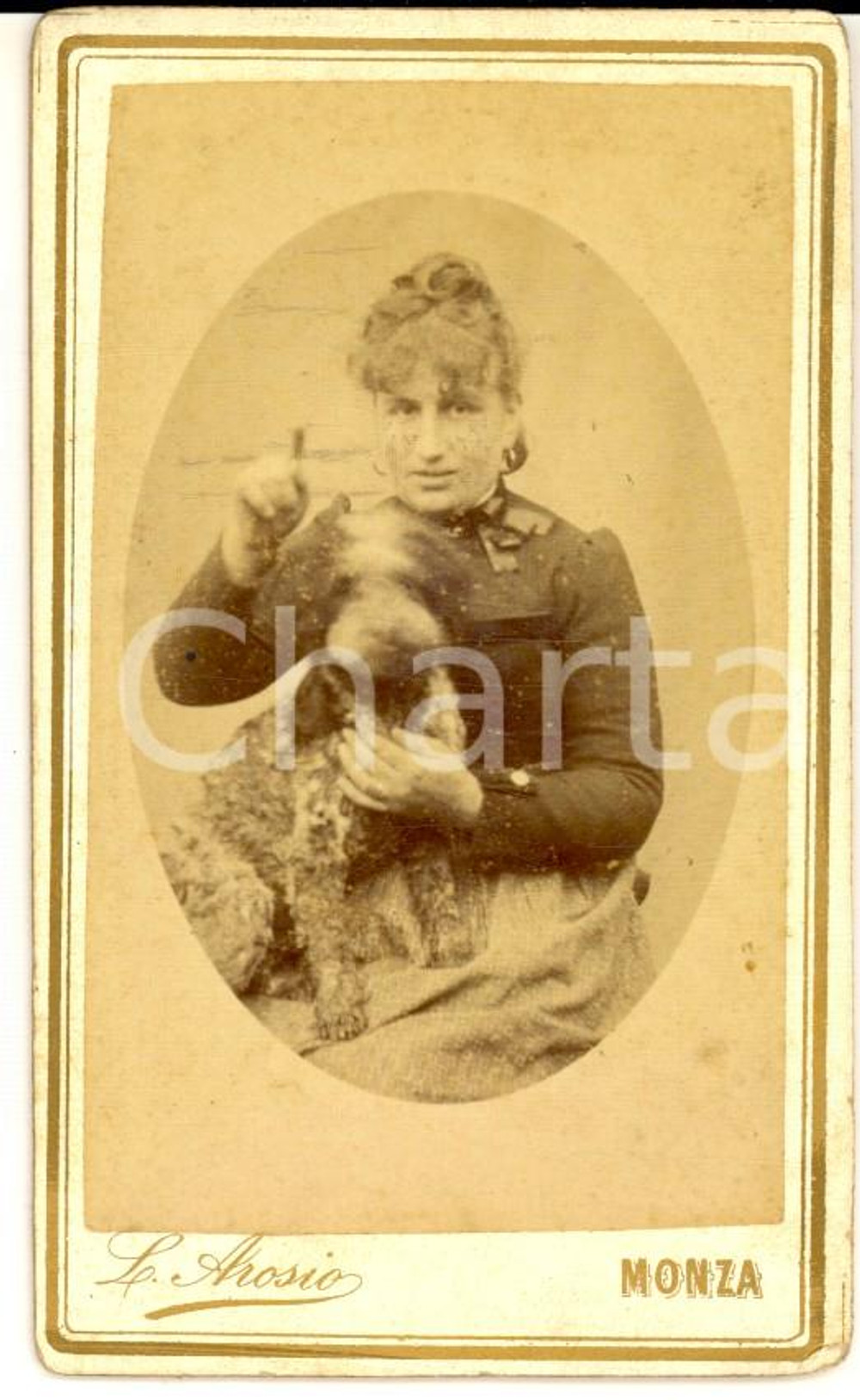 1890 ca MONZA Ritratto di donna con cane in movimento *Foto L. AROSIO RARA CDV