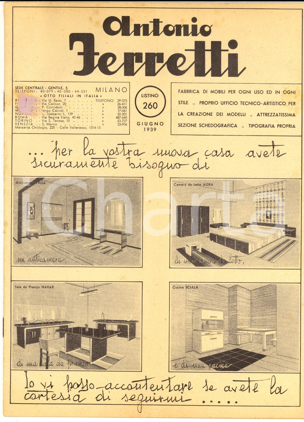 1939 MILANO Ditta Antonio FERRETTI Mobili autarchici - Listino ILLUSTRATO 16 pp.