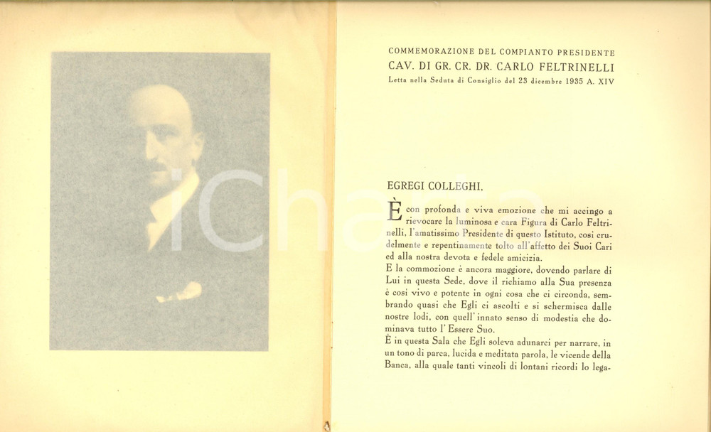 1935 Giorgio FALCK In memora di Carlo Feltrinelli presidente Banca Unione 8 pp.
