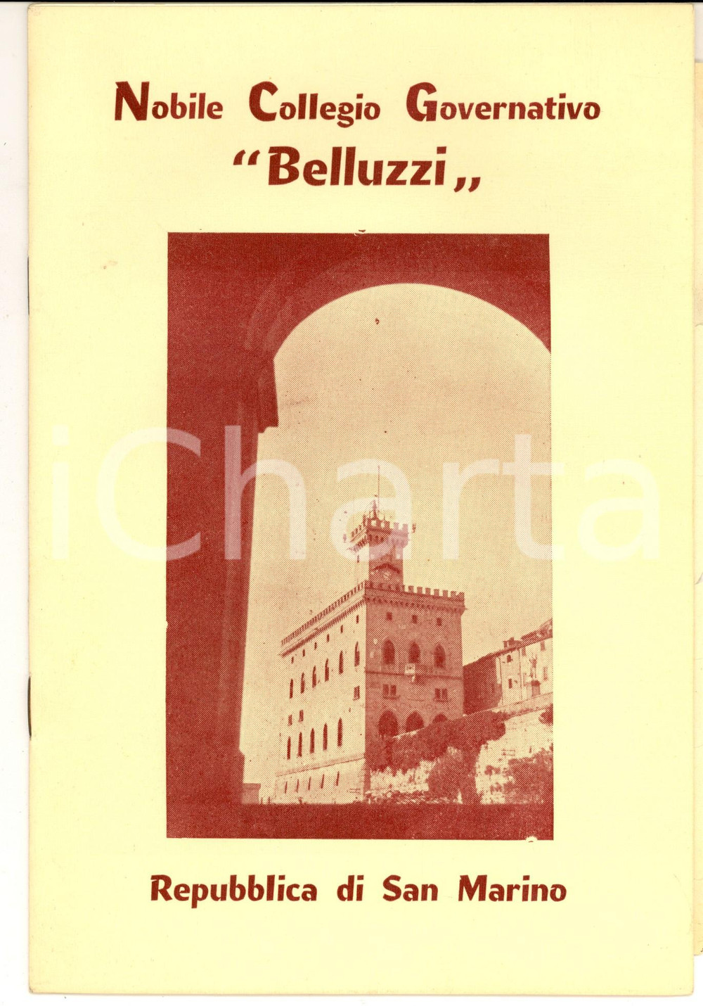 1955 SAN MARINO - Nobile Collegio Governativo BELLUZZI - Libretto 14 pp. Libretto pubblicitario, probabilmente ancora in forma di bozza, poich&eacute; reca diverse correzioni manuali. CONDIZIONI: G PAGINE: 14     originale e autentica 1