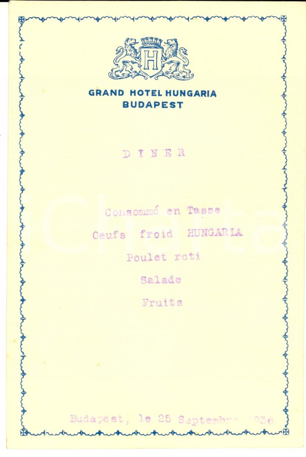 1936 BUDAPEST Grand Hotel Hungaria - Menu pour le diner *VINTAGE