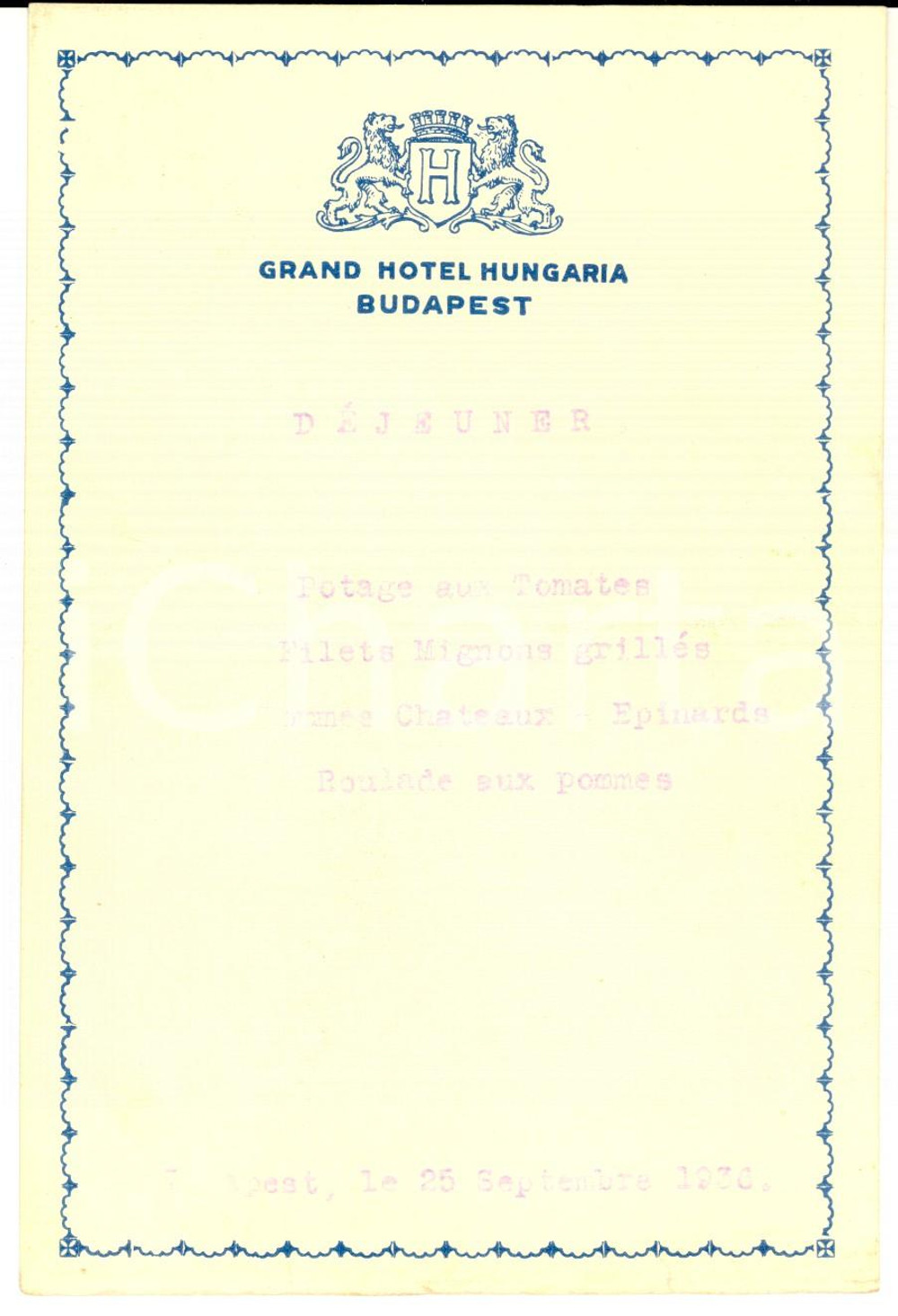 1936 BUDAPEST Grand Hotel Hungaria - Menu pour le déjeuner *VINTAGE