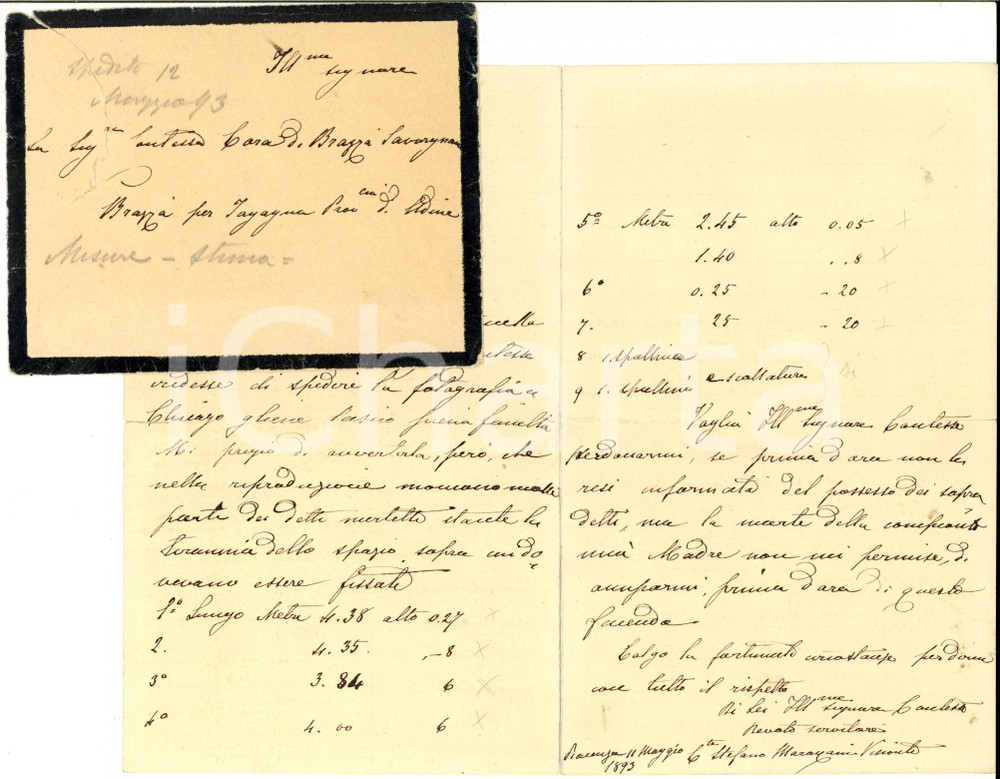 1893 PIACENZA Lettera Stefano MARAZZANI VISCONTI per invio foto - AUTOGRAFO