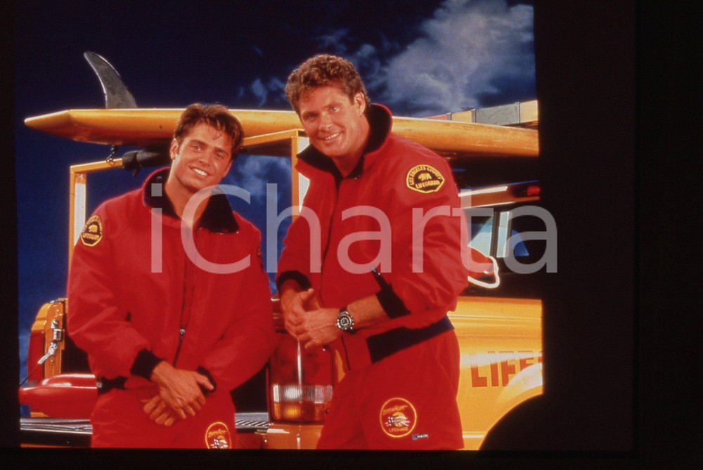Fotografia d epoca originale 35mm vintage slide1990ca serie tv BAYWATCH David HASSELHOFF e David CHARVET 1