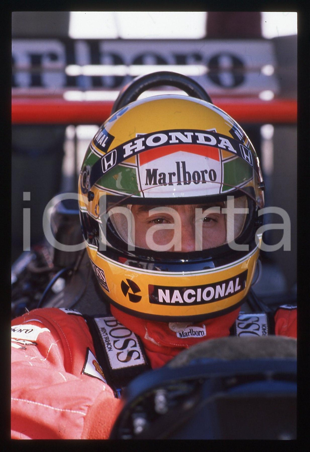 Fotografia d epoca originale 35mm vintage slide 1988 IMOLA Ayrton SENNA ritratto su MCLAREN MP4/4 13 1