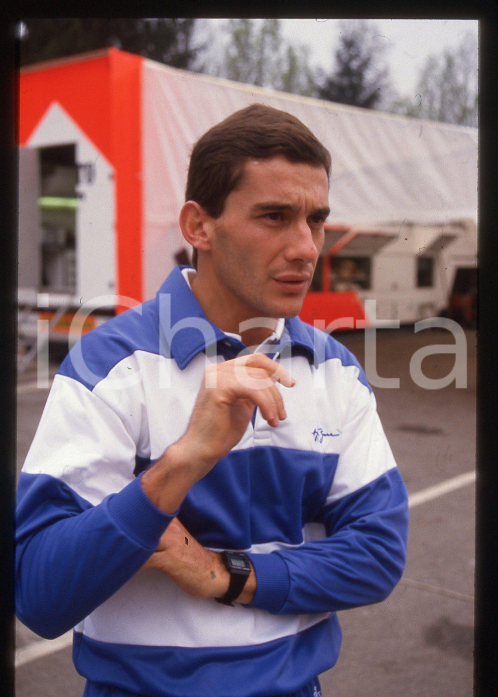 Fotografia d epoca originale 35mm vintage slide 1990ca MONZA Ayrton SENNA ritratto del pilota 1