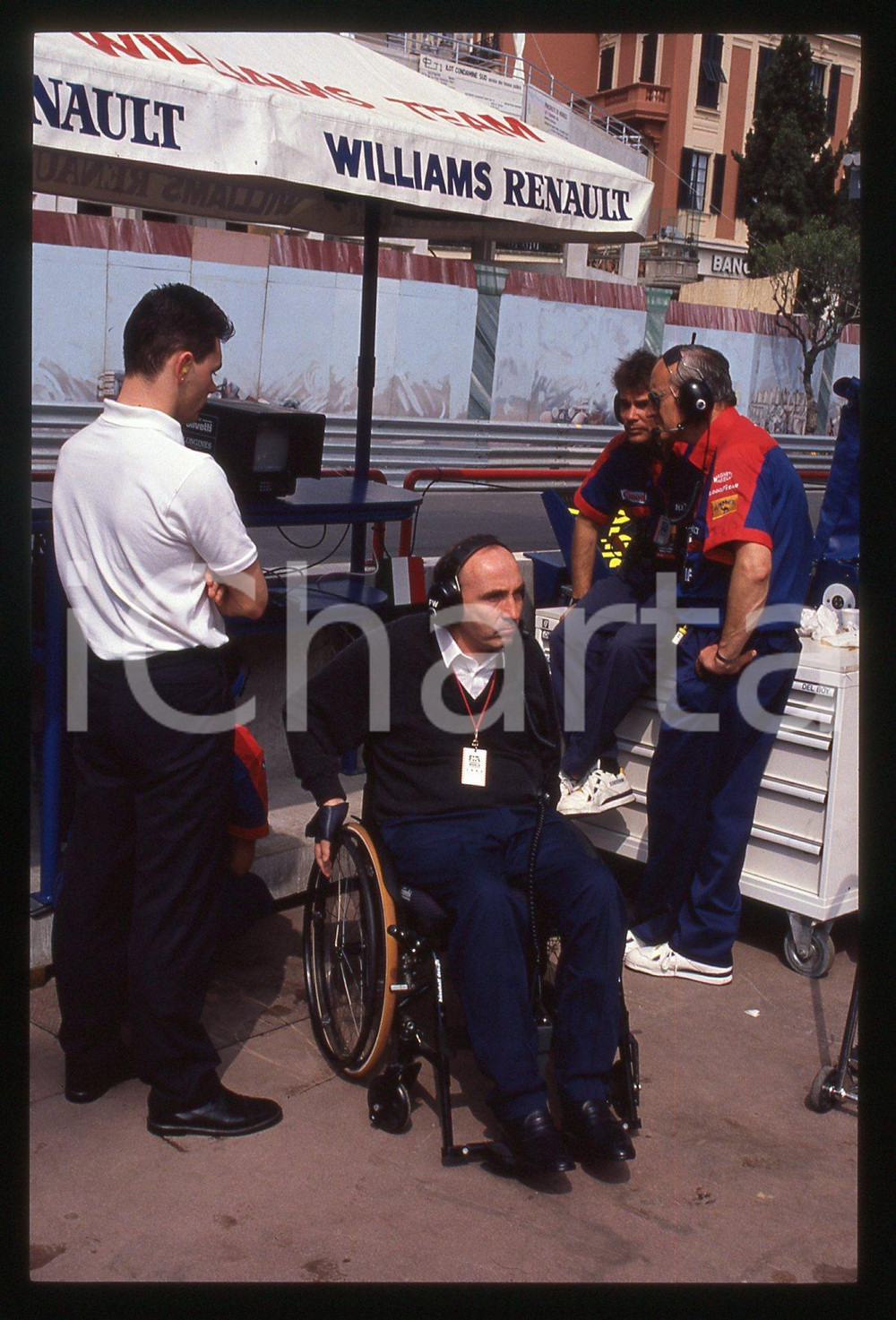 Fotografia d'epoca originale 35mm vintage slide* 1991 FORMULA 1 Frank WILLIAMS fondatore scuderia nei box (2) 1
