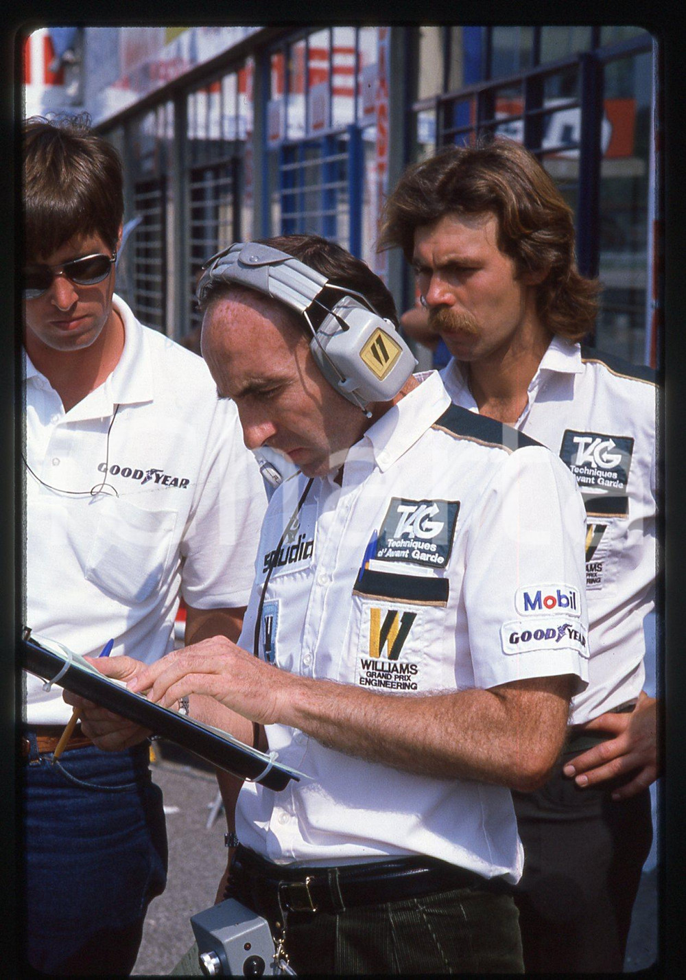 Fotografia d'epoca originale 35mm vintage slide* 1985ca FORMULA 1 Frank WILLIAMS fondatore scuderia nei box 1