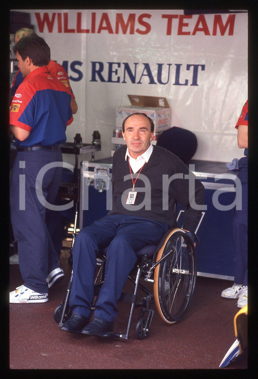 Fotografia d'epoca originale 35mm vintage slide*1991 FORMULA 1 Frank WILLIAMS fondatore scuderia nei box (15) 1