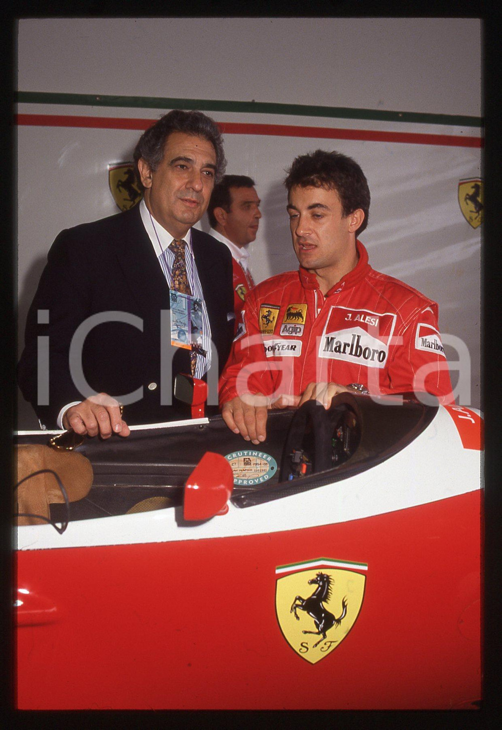 35mm vintage slide* 1993 IMOLA Plácido DOMINGO e Jean ALESI nei box FERRARI 