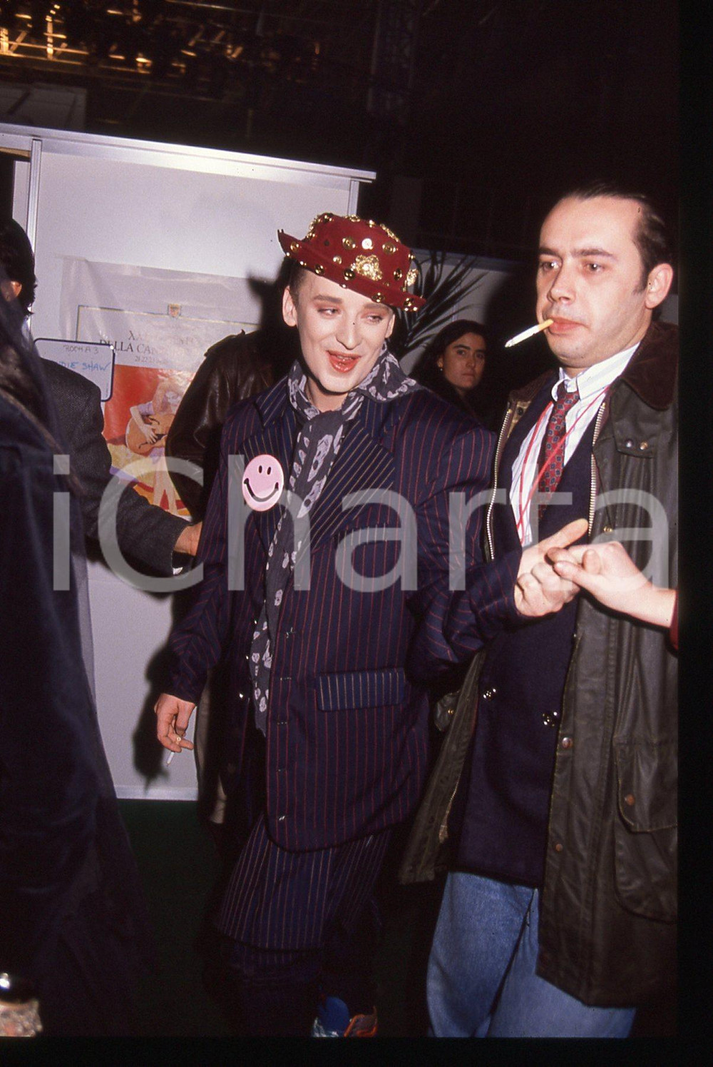 Fotografia d epoca originale 35mm vintage slide 1989 FESTIVAL di SANREMO Boy GEORGE in arrivo al PALABARILLA 1