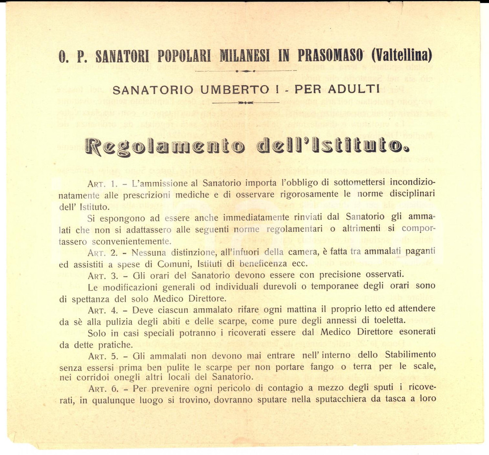 Documento originale, autentico 1920 ca PRASOMASO Sanatorio Umberto I  Regolamento istituto Pieghevole 1