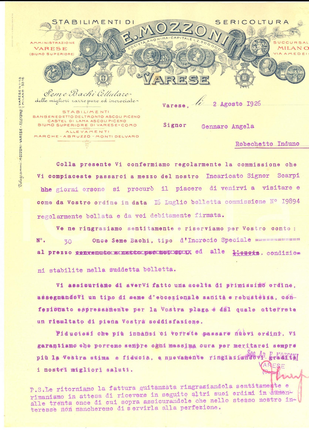 1926 VARESE Stabilimenti sericoltura E. MOZZONI - Lettera commerciale
