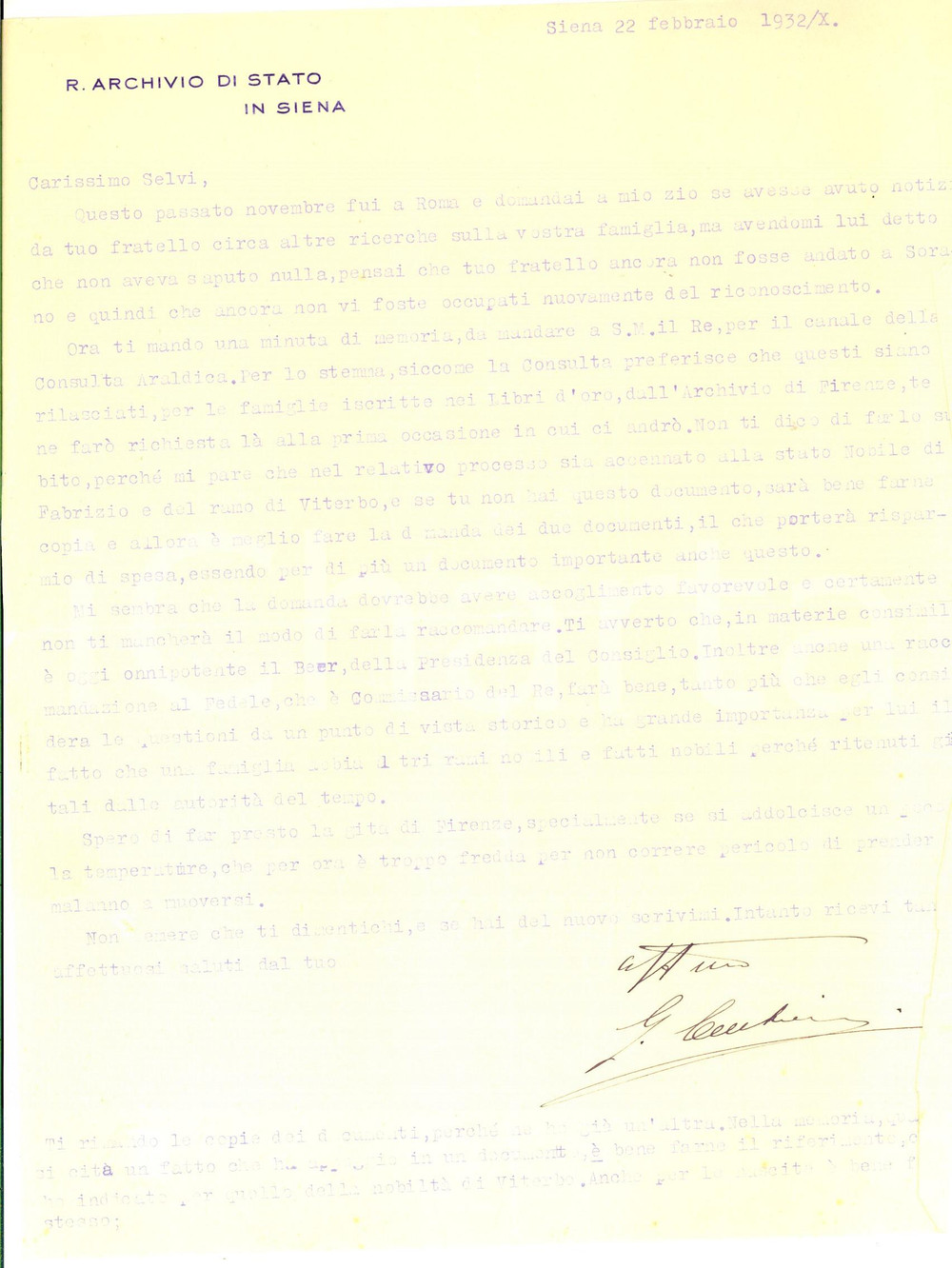 1932 SIENA Archivio di Stato - Giovanni CECCHINI su nobiltà famiglia SELVI
