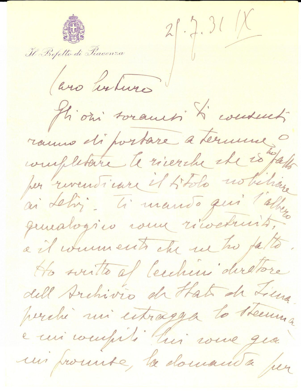 Manoscritto, lettera originale 1931 PIACENZA Lettera privata prefetto Giovanni SELVI su nobiltà di famiglia 1