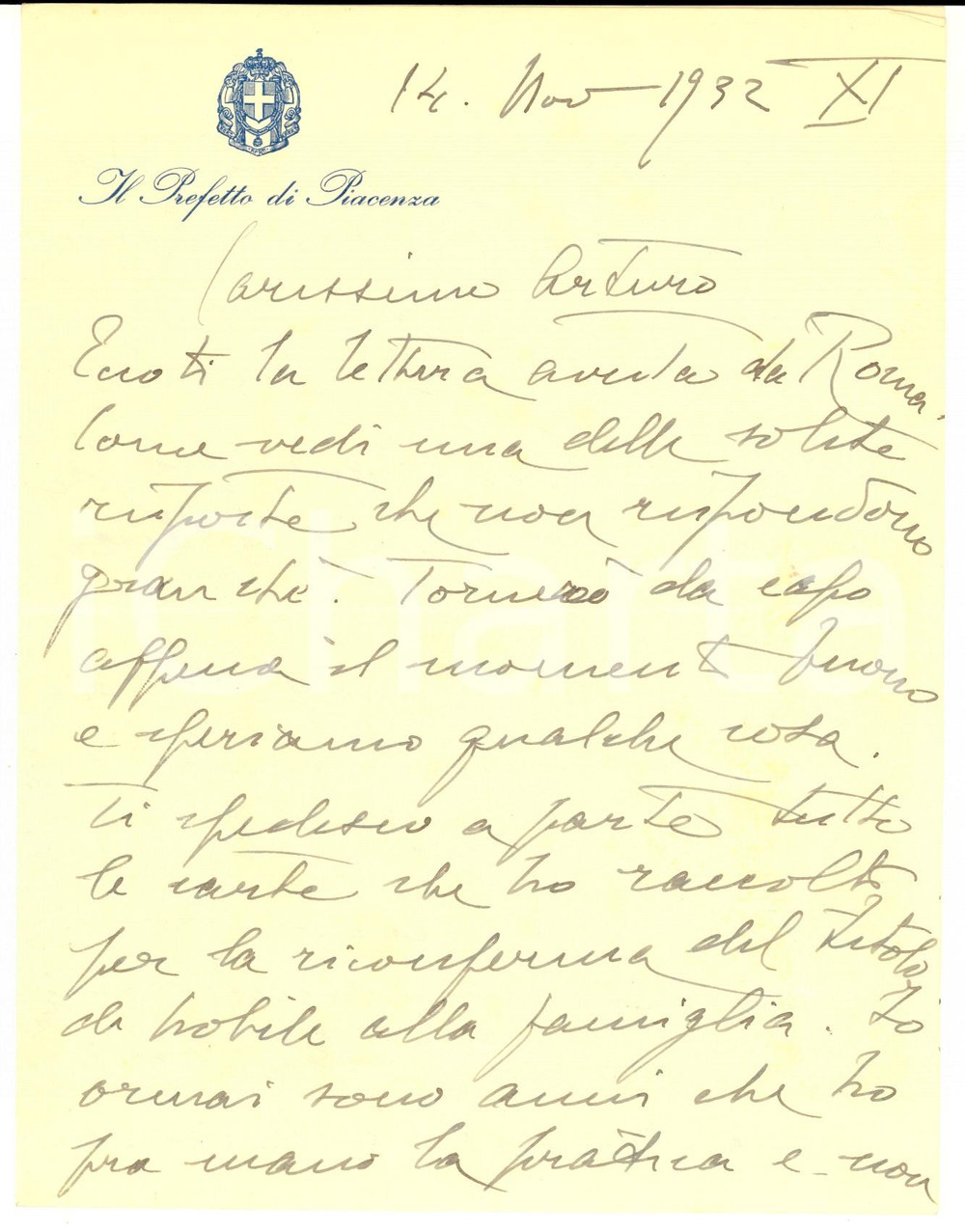 1932 PIACENZA Lettera prefetto Giovanni SELVI su nobiltà di famiglia *Autografo