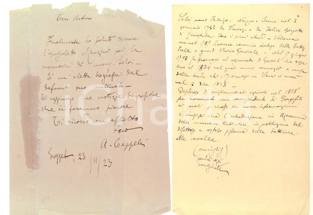 Manoscritto, lettera originale 1923 GROSSETO Lettera Antonio CAPPELLI su biografia Fabrizio SELVI Autografo 1