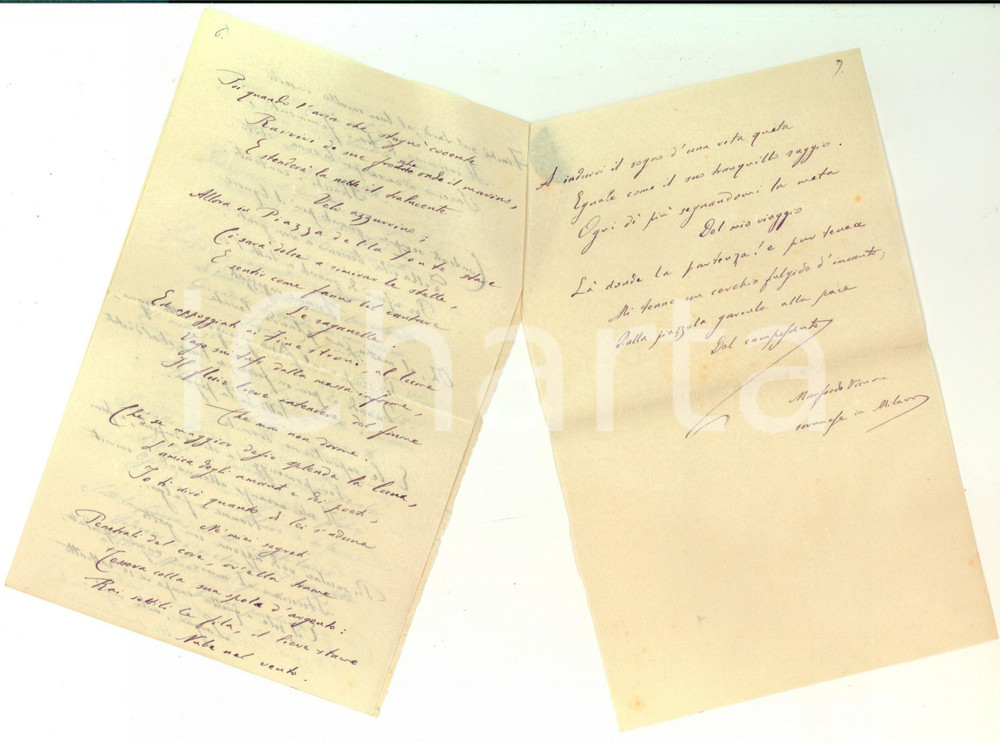 Autografo originale 1930 ca MILANO Manfredo VANNI La malia del paese  Poesia di soranese AUTOGRAFO 1