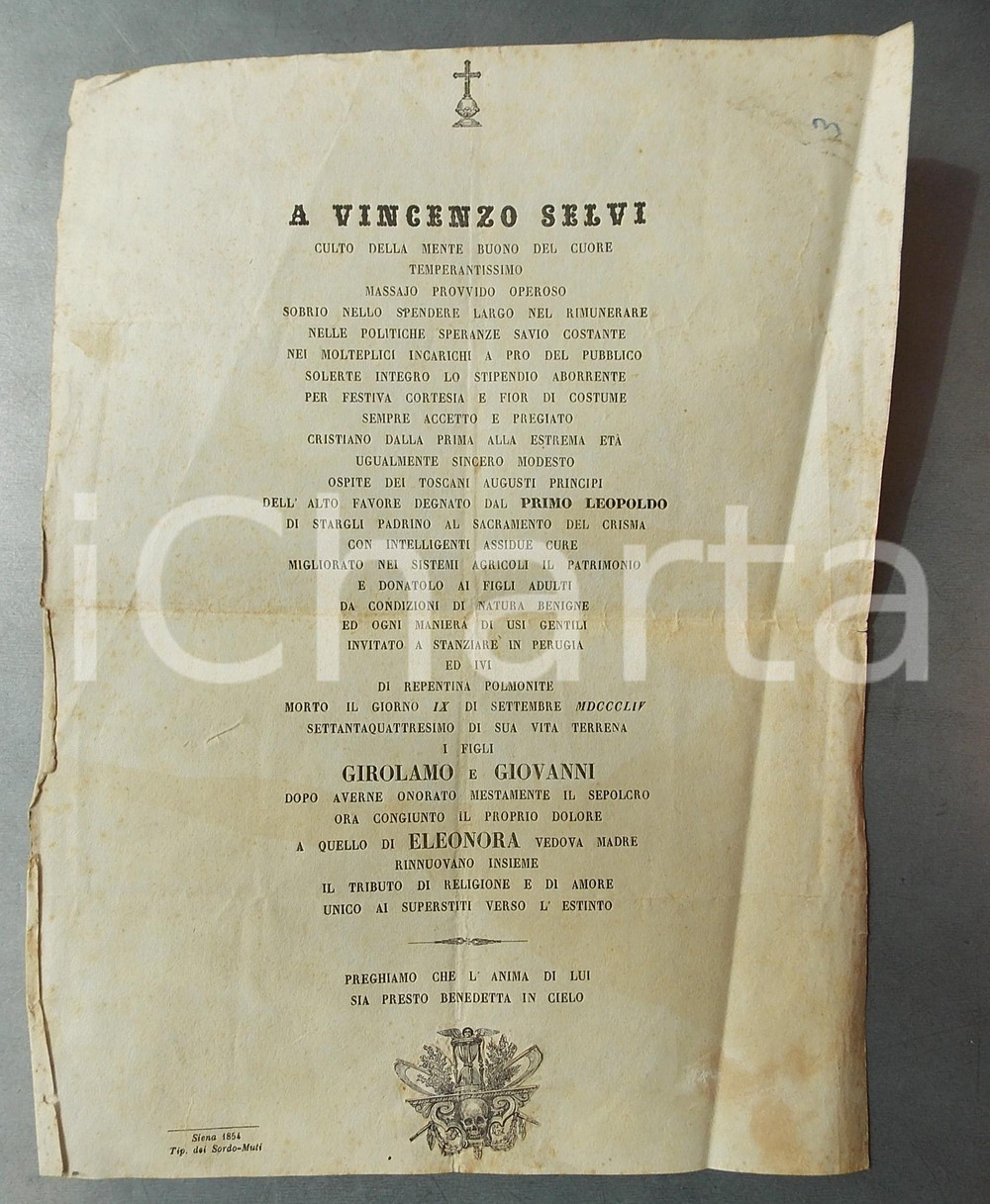 Documento originale, autentico 1854 SIENA Epigrafe per lapide di Vincenzo SELVI  Manifesto 24x31 cm 1