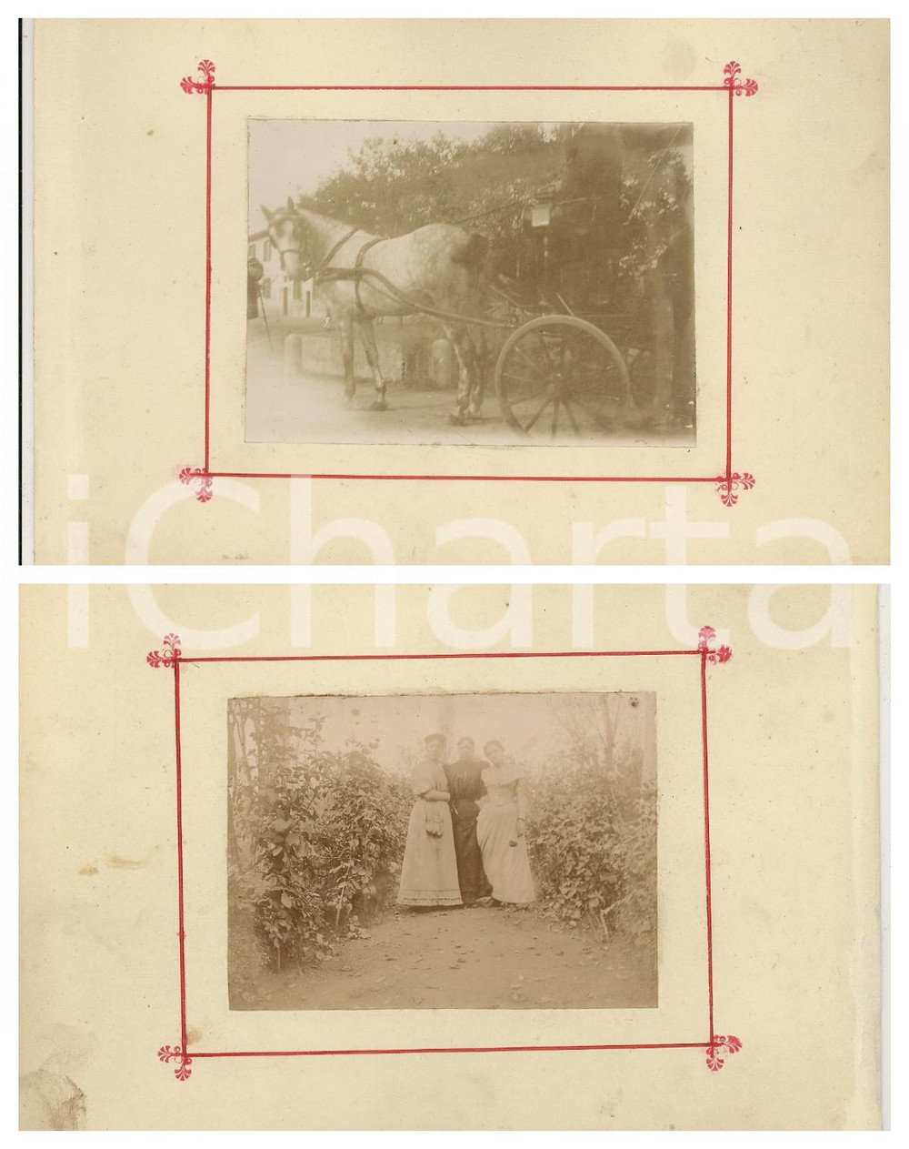 1898 TRIVOLZIO (PV) COSTUME Calesse in partenza - Donne in giardino *2 foto