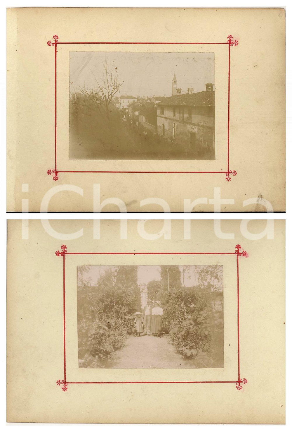 1898 TRIVOLZIO (PV) Veduta con caffè e rivendita - Famiglia in giardino *2 foto