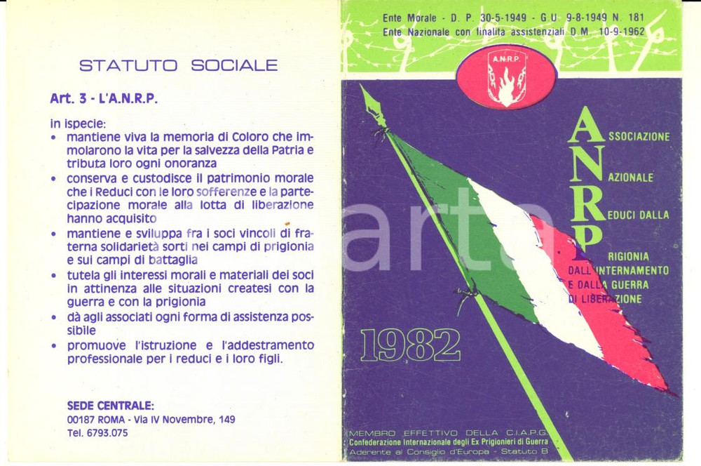Oggetto da collezione cartaceo 1982 ANRP Associazione Nazionale Reduci dalla Prigionia  Tessera VUOTA 1