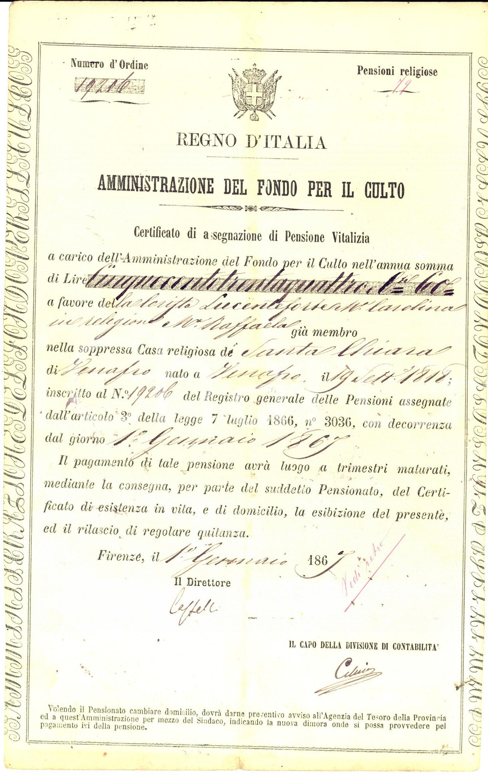 1867 FIRENZE Assegnazione pensione a Maria Carolina LUCENTEFORTE di VENAFRO