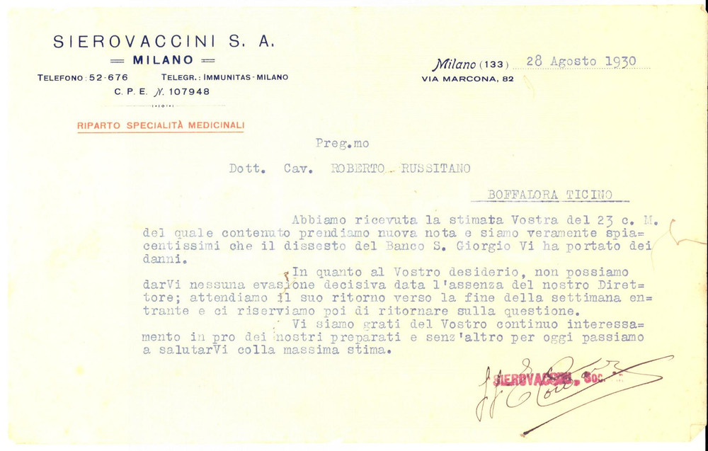 1930 MILANO SIEROVACCINI S.A. Medicinali - Lettera commerciale per preparati