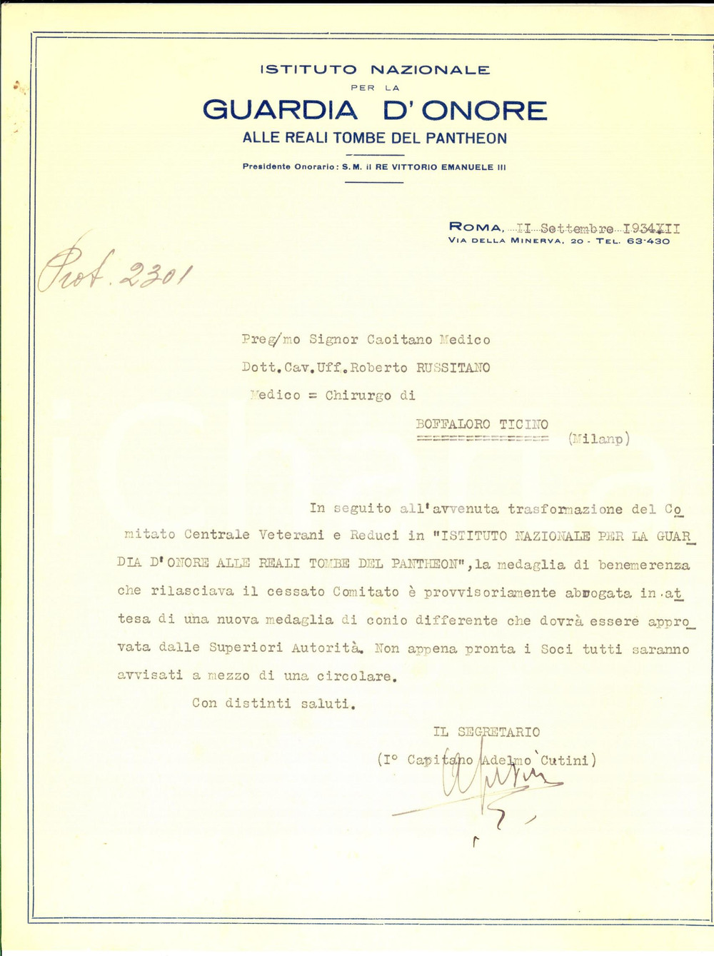 1934 ROMA Istituto Nazionale Guardia d'Onore PANTHEON - Lettera per medaglia