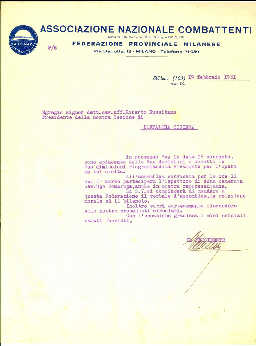 1931 MILANO Associazione Nazionale Combattenti - Lettera accettazione dimissioni