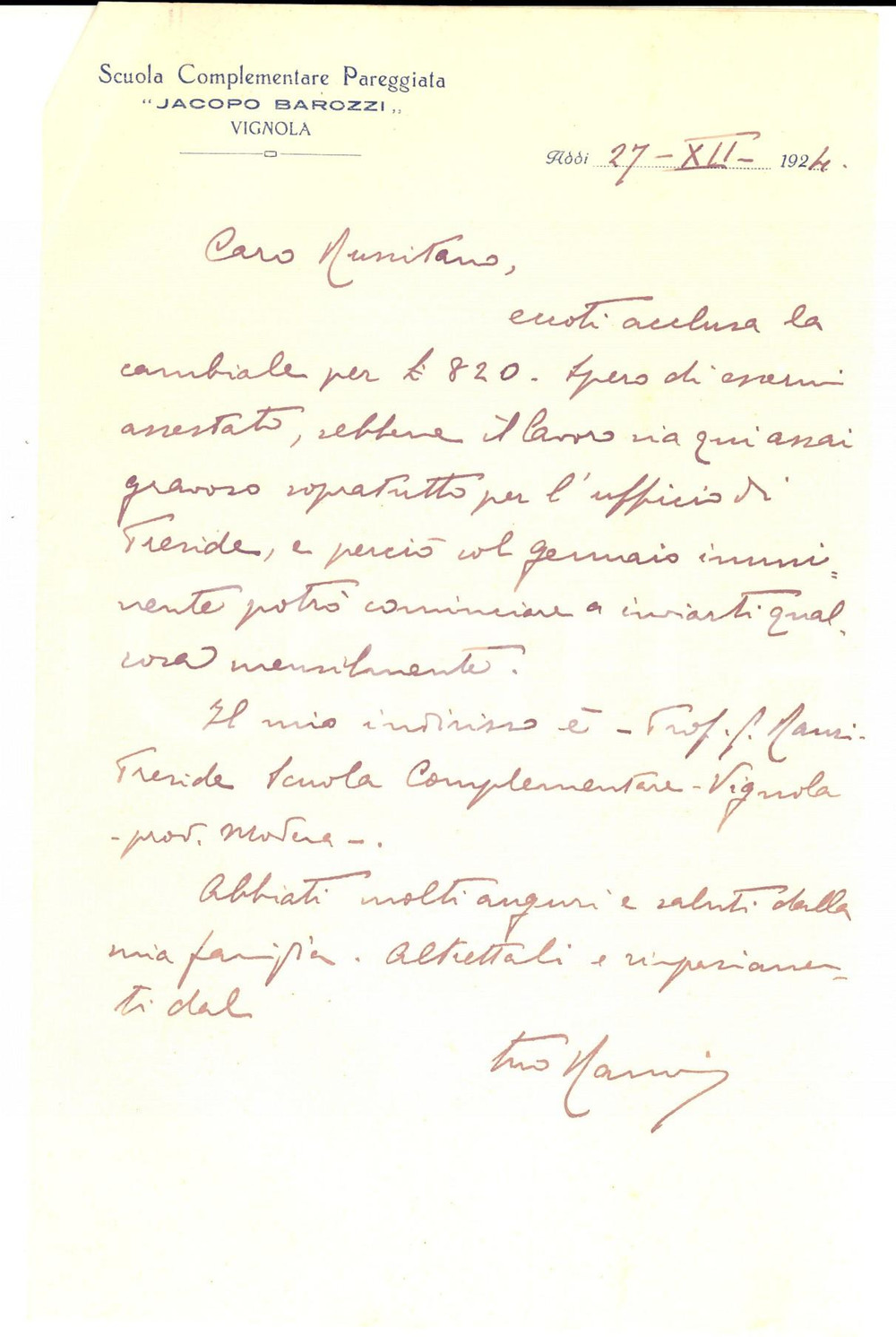 1924 VIGNOLA Scuola elementare "Jacopo Barozzi" - Lettera su carta intestata
