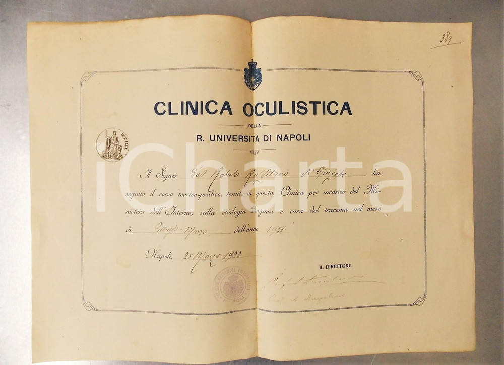 1922 UNIVERSITA' DI NAPOLI Clinica Oculistica -  Attestato Roberto RUSSITANO 